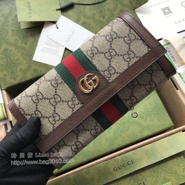 Gucci原厂皮包包 古驰男女GG印花红绿织带翻盖短款钱包 Gucci短夹零钱包 523153  gdj1734